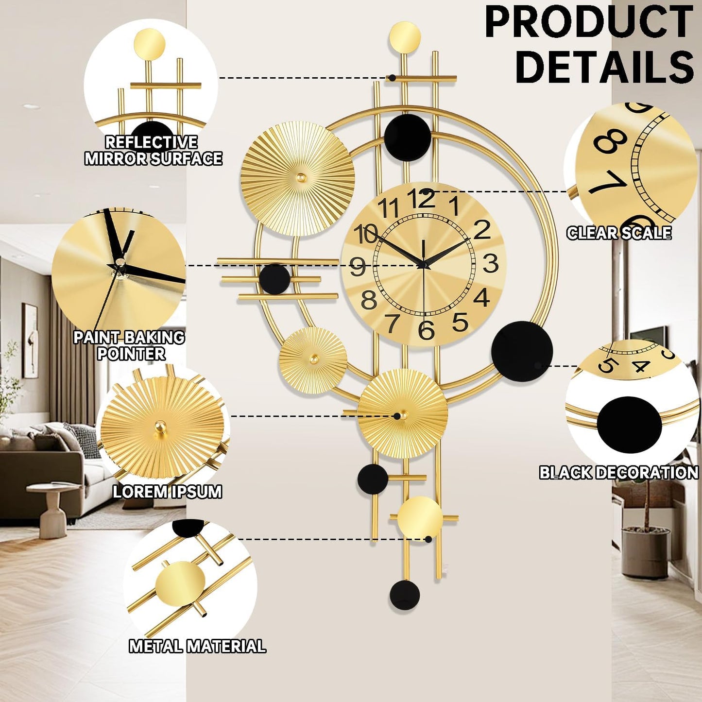 Clock for Living Room, Silent Quartz Movement Non Ticking Battery Operated, 17.8x30.7inch